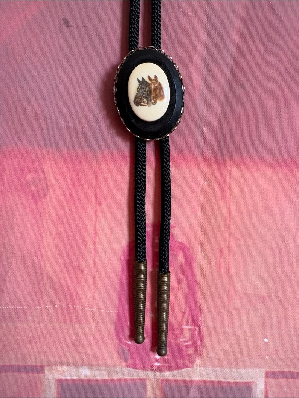 Vintage Bolo Tie Black Oval Double Horse Western